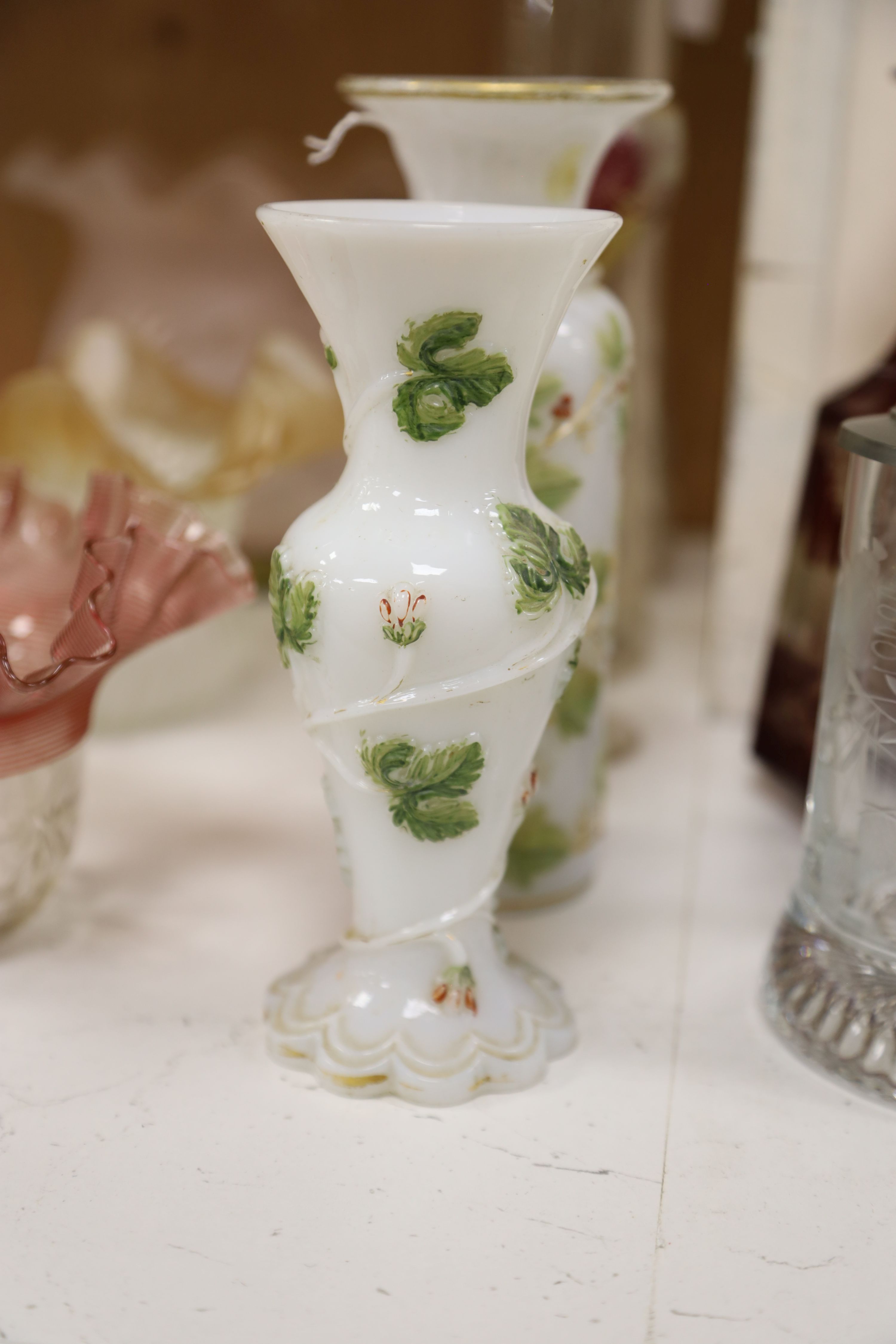 A collection of mixed glassware, including a Bohemian ruby flash decanter